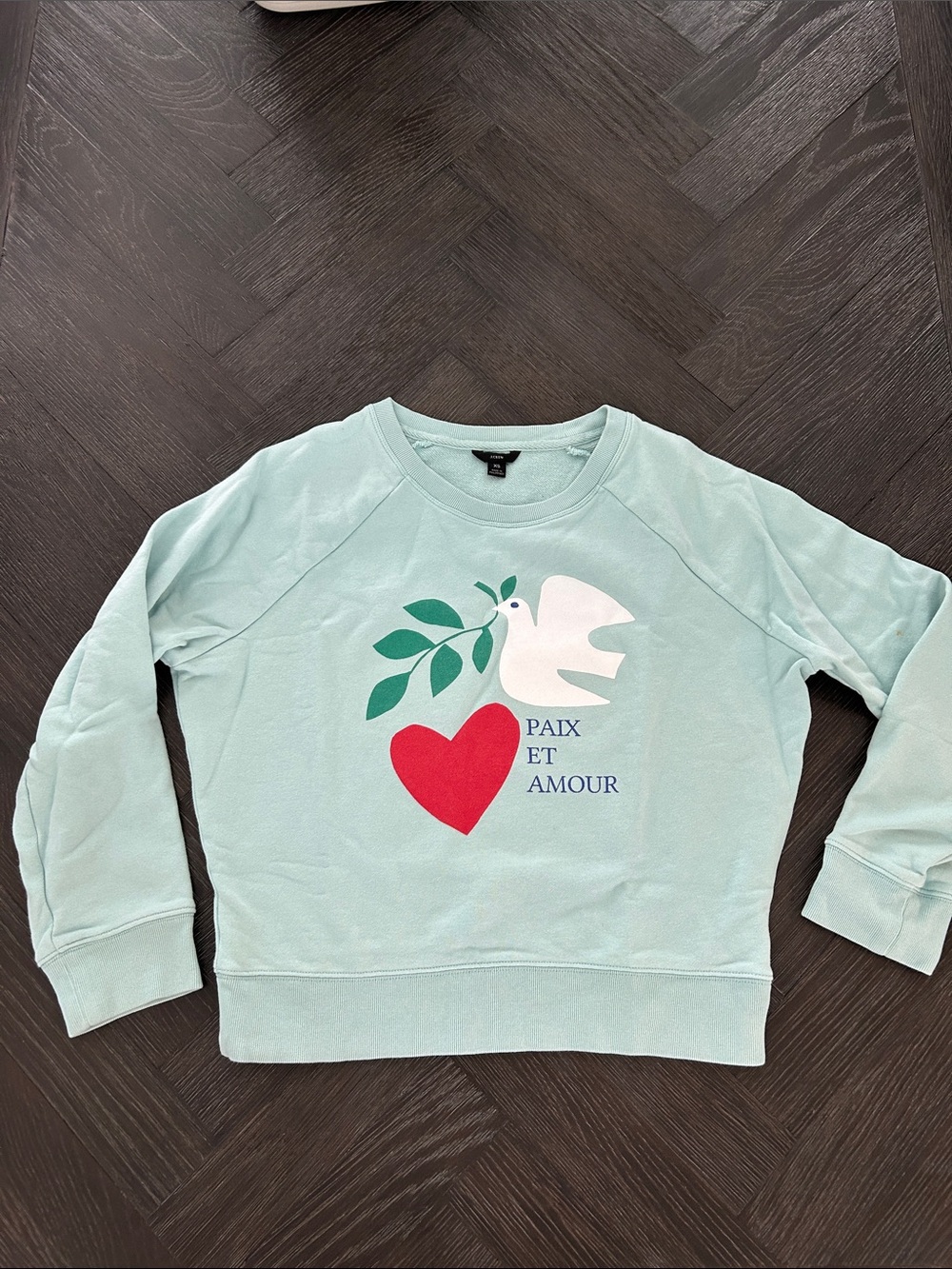 J. Crew Mint Peace Love Paix Amour Sweatshirt with Heart & Dove Graphic
